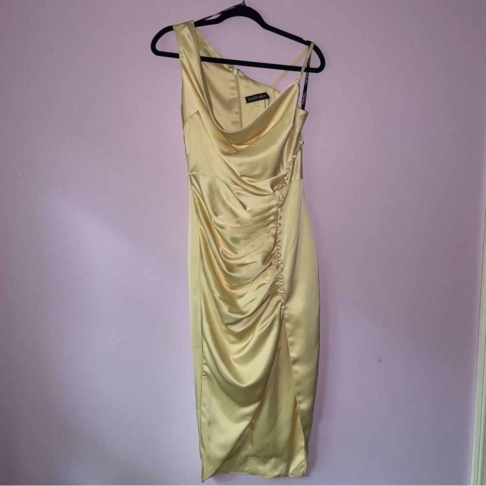 NEW Lavish Alice 4 Midi Cocktail Dress Cream Ruched Cowl Neckline